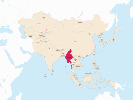 Highlighted red map of MYANMAR inside light red detailed political map of Asia using orthographic projection on white and blue backgroundのイラスト素材