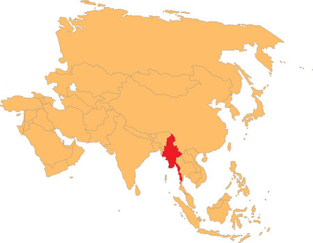 Highlighted red map of MYANMAR inside orange detailed political map of Asia using orthographic projection on transparent backgroundのイラスト素材