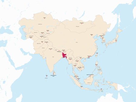 Highlighted red map of BANGLADESH inside light red detailed political map of Asia using orthographic projection on white and blue backgroundのイラスト素材