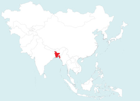 Highlighted red map of BANGLADESH inside white detailed blank political map of Asia on blue background, without the Middle East and Russiaのイラスト素材