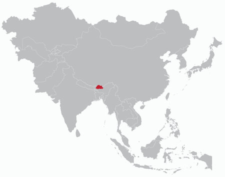 Highlighted red map of BHUTAN inside grey detailed blank political map of Asia on light blue background, without the Middle East and Russiaのイラスト素材