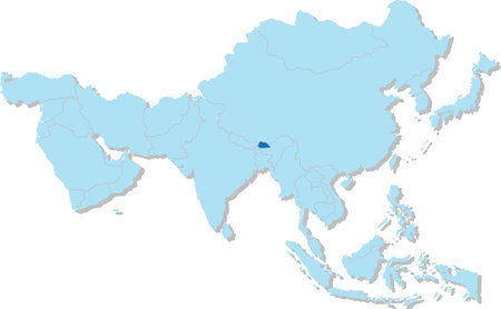 Highlighted blue map of BHUTAN inside light blue 3D blank political map of Asia orthographic projection on transparent background, without Russiaのイラスト素材
