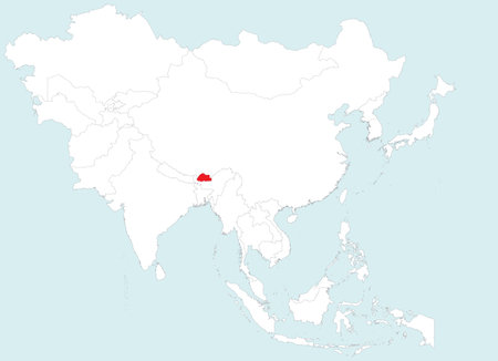 Highlighted red map of BHUTAN inside white detailed blank political map of Asia on blue background, without the Middle East and Russiaのイラスト素材
