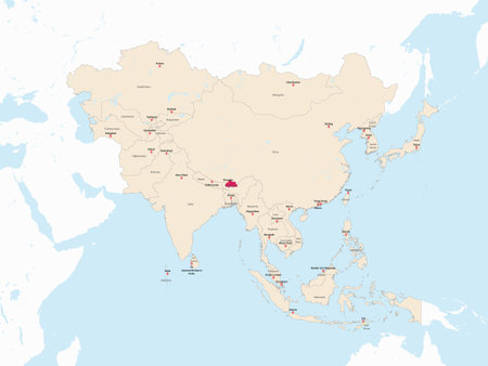 Highlighted red map of BHUTAN inside light red detailed political map of Asia using orthographic projection on white and blue backgroundのイラスト素材