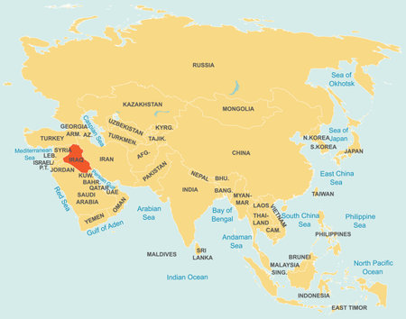 Highlighted map of IRAQ inside detailed blank flat political map of the Asian continent on isolated backgroundのイラスト素材