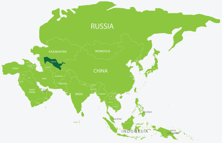 Highlighted map of UZBEKISTAN inside detailed blank flat political map of the Asian continent on isolated backgroundのイラスト素材