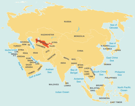 Highlighted map of UZBEKISTAN inside detailed blank flat political map of the Asian continent on isolated backgroundのイラスト素材
