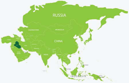 Highlighted map of IRAQ inside detailed blank flat political map of the Asian continent on isolated backgroundのイラスト素材