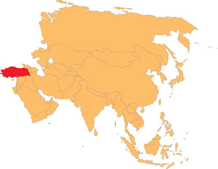 Highlighted map of TURKEY inside detailed blank flat political map of the Asian continent on isolated backgroundのイラスト素材