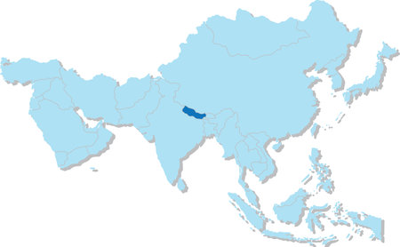 Highlighted map of NEPAL inside detailed blank flat political map of the Asian continent on isolated backgroundのイラスト素材