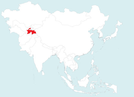 Highlighted map of TAJIKISTAN inside detailed blank flat political map of the Asian continent on isolated backgroundのイラスト素材