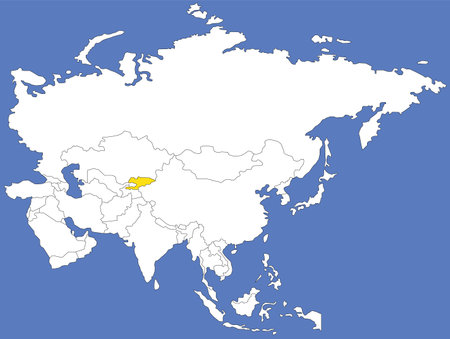 Highlighted map of KYRGYZSTAN inside detailed blank flat political map of the Asian continent on isolated backgroundのイラスト素材