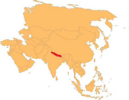 Highlighted map of NEPAL inside detailed blank flat political map of the Asian continent on isolated backgroundのイラスト素材