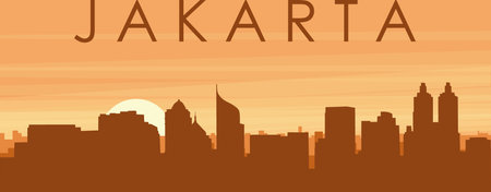 Brown panoramic poster of the city skyline with misty background buildings, sunrise, clouds and mountains of JAKARTA, INDONESIAのイラスト素材