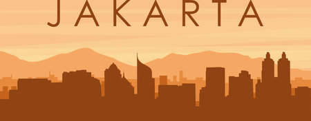 Brown panoramic poster of the city skyline with misty background buildings, sunrise, clouds and mountains of JAKARTA, INDONESIAのイラスト素材
