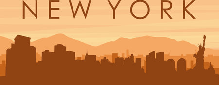 Brown panoramic poster of the city skyline with misty background buildings, sunrise, clouds and mountains of NEW YORK, UNITED STATESのイラスト素材