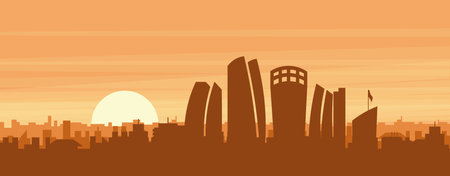 Brown panoramic poster of the city skyline with misty background buildings, sunrise, clouds and mountains of ABU DHABI, UNITED ARAB EMIRATESのイラスト素材