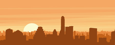 Brown panoramic poster of the city skyline with misty background buildings, sunrise, clouds and mountains of AUSTIN, UNITED STATESのイラスト素材