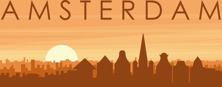 Brown panoramic poster of the city skyline with misty background buildings, sunrise, clouds and mountains of AMSTERDAM, NETHERLANDSのイラスト素材