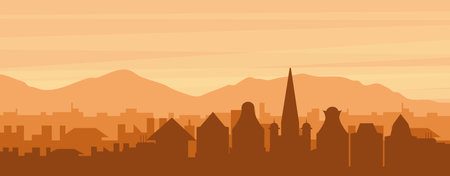 Brown panoramic poster of the city skyline with misty background buildings, sunrise, clouds and mountains of AMSTERDAM, NETHERLANDSのイラスト素材