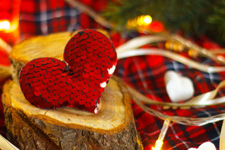 The key to the heart on a New Years blanket with lightsの写真素材