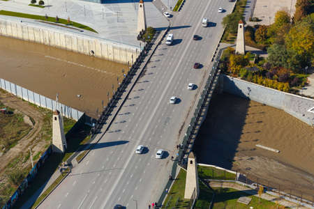 Top view of the city park of the city of Grozny. Real estate, drone footage.