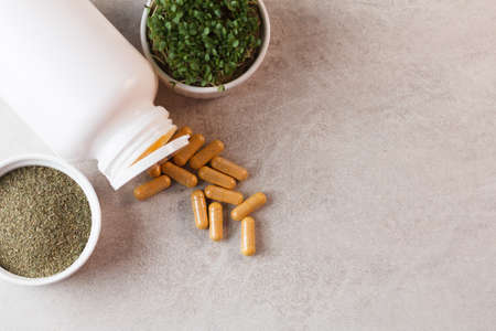 Microgreens, herbal powder and pills on a gray background. copy spaceの写真素材