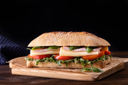 Healthy fast food for modern lifestyle, ciabatta sandwich with pastrami ham on wooden board on black background.の写真素材