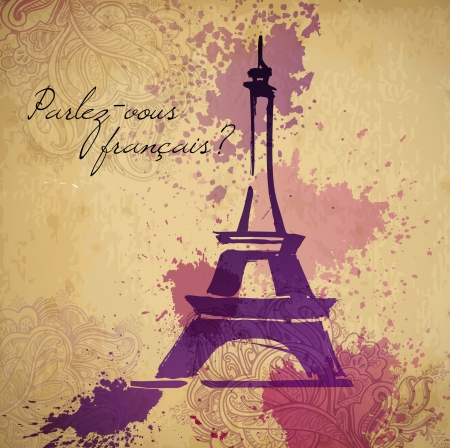 Grunge elegance ink splash illustration of Eiffel tower and calligraphyのイラスト素材