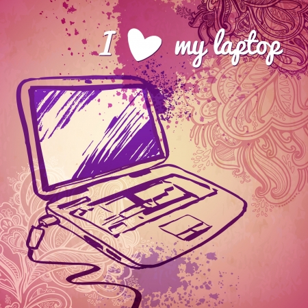 laptop for girls  vector sketch on a pink backgroundのイラスト素材