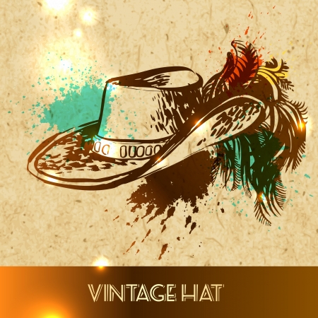 Girl hat with peacock feather - vector illustration sketch on paper backgroundのイラスト素材