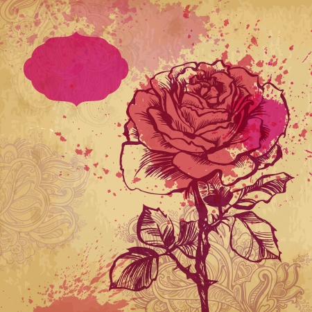 card with vector stylized rose  illustration drawn with ink and brush  texture of paper and blotsのイラスト素材