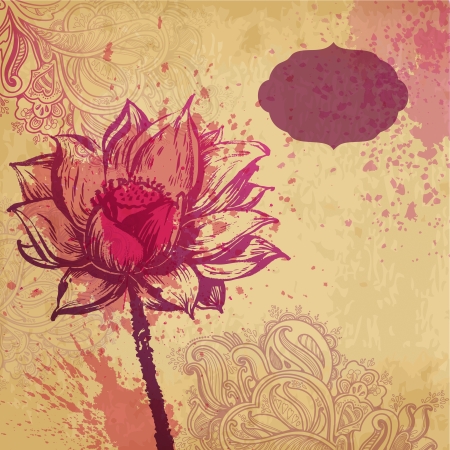 ornamental plant flower card  illustration drawn with ink and brush  texture of paper and blots  place for your textのイラスト素材