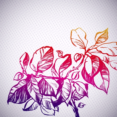 foliage plant rainbow background illustration  the leaves are painted with ink and brush  decorative dots and stripesのイラスト素材