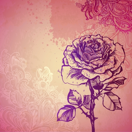 card with stylized rose. illustration drawn with ink and brush. texture of paper and blotsのイラスト素材