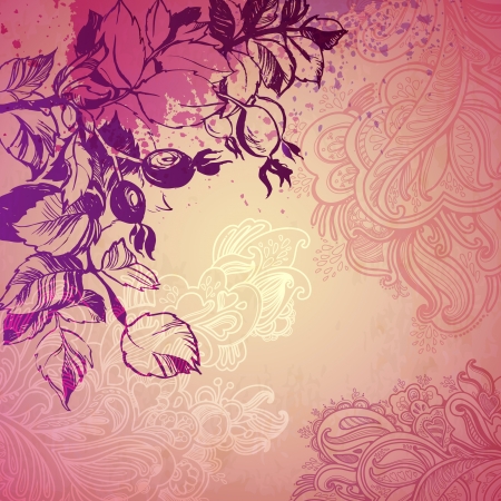 decorative background plant foliage and wild rose. illustration drawn with ink and brush. texture of paper and blots. place for your textのイラスト素材