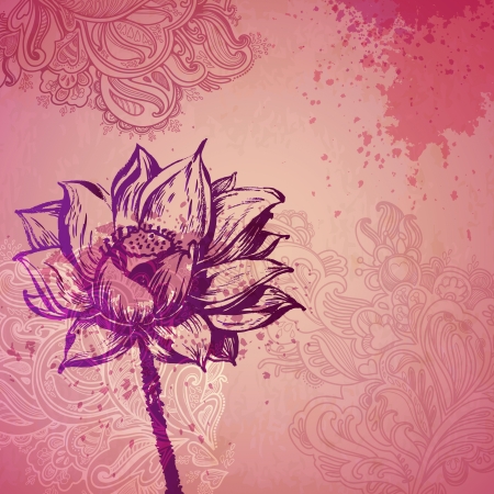 ornamental plant flower card. illustration drawn with ink and brush. texture of paper and blots. place for your textのイラスト素材