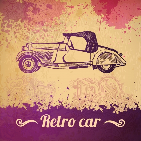  vintage car vintage car background  floral patterned background and a car  ink stains and brush strokes  texture of the old paperのイラスト素材