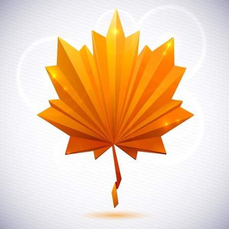 Autumn leaf of a tree origami. The folded colored paper on a white background. Glowing stars and stripes in the background.のイラスト素材