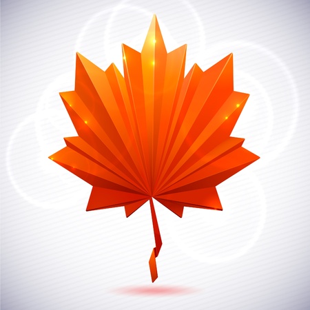 Autumn leaf of a tree origami. The folded colored paper on a white background. Glowing stars and stripes in the background.のイラスト素材