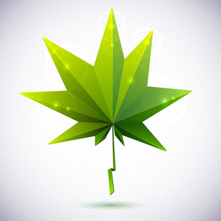 Autumn leaf of a tree origami. The folded colored paper on a white background. Glowing stars and stripes in the background.のイラスト素材