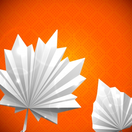 Autumn leaf of a tree origami  The folded colored paper on a white background  Glowing stars and stripes in the background のイラスト素材
