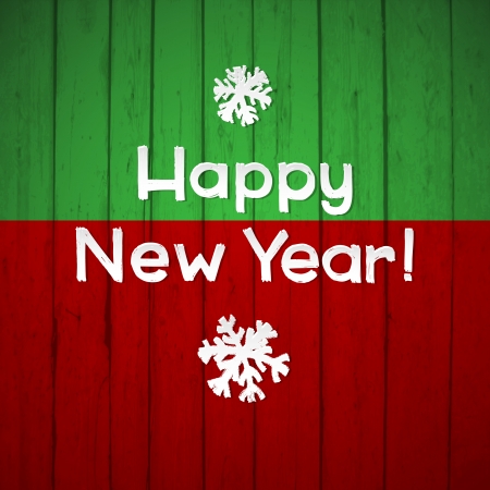 Happy New Year design template  Hand-drawn letters on wooden planks  Snowflakes brushstrokes  Green and red colors  Easy editable fileのイラスト素材