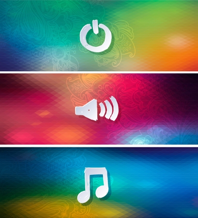 Vector music geometric background  Bright horizontal banners  Media player icons  Vector  elements for web, applications, electronic and press media  Vector illustrationのイラスト素材