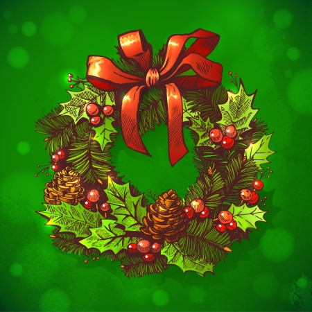 Christmas & New year holidays vector hand drawn illustration with xmas wreathのイラスト素材