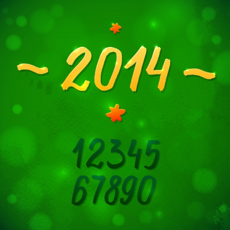 2014, greeting the new year  Green vector illustration with watercolor texture  Light and glare of the sun  Strokes of paint figures templateのイラスト素材