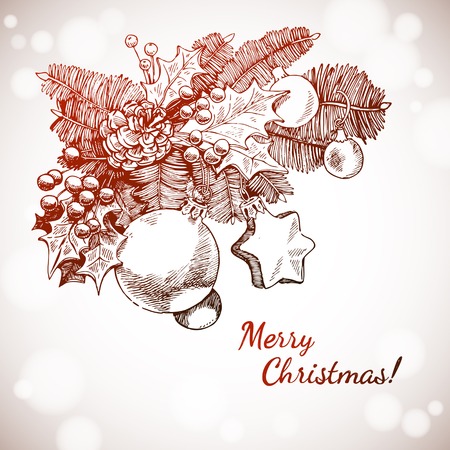 Christmas & New year holidays vector hand drawn illustration with xmas decorationのイラスト素材