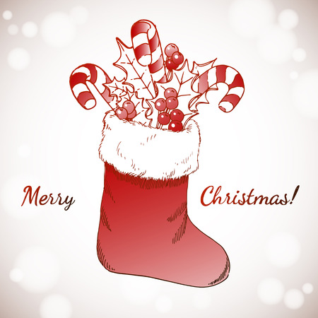 Christmas sock  Christmas   New year holidays vector hand drawn illustration with Xmas sock decoration with presentsのイラスト素材