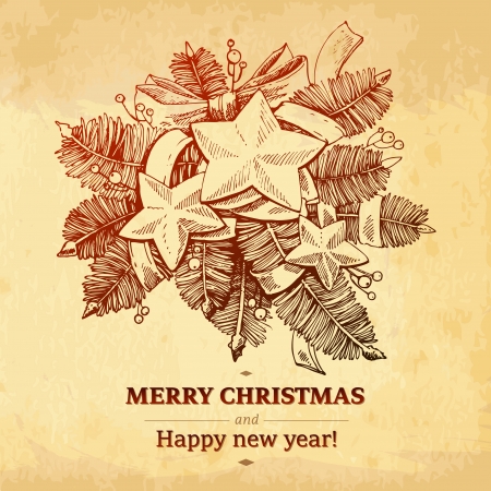 Christmas hand drawn fur tree for xmas design  December holiday symbols and images for use in graphic art design  Merry Christmas and Happy New Year  Vintage background Old paper textureのイラスト素材