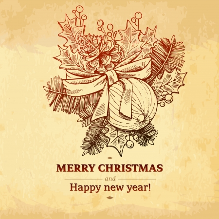 Christmas hand drawn fur tree for xmas design  December holiday symbols and images for use in graphic art design  Merry Christmas and Happy New Year  Vintage background Old paper textureのイラスト素材